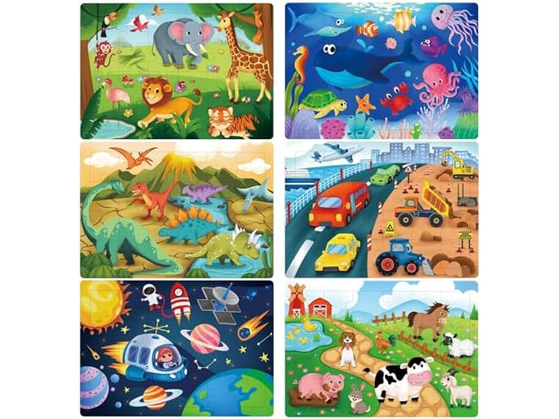 6 Pack 24 Piece Wooden Jigsaw Puzzles for Toddlers Ages 3-5